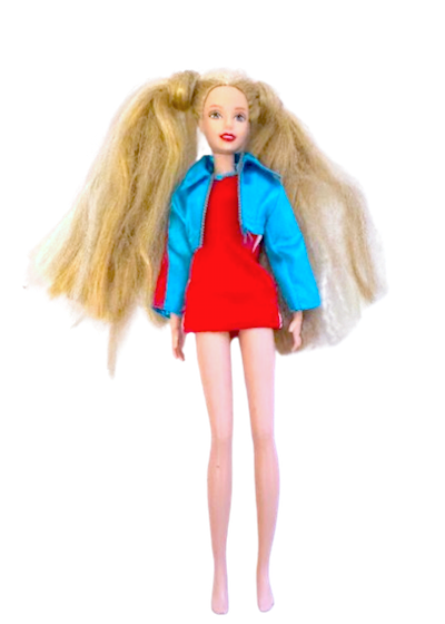 Barbie doll with long pigtails wearing a red dress and blue jacket