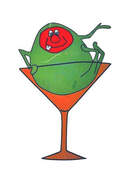 drawing of a drunk olive in a martini glass